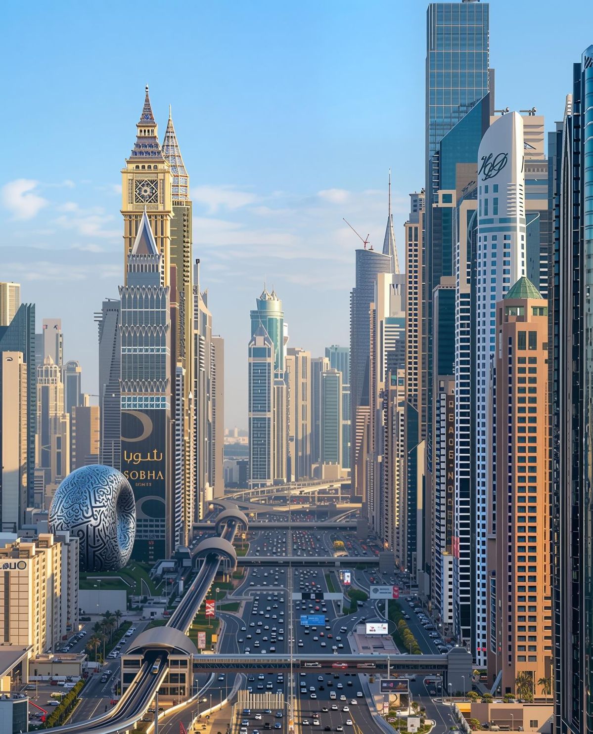 Gratte-ciel de Sheikh Zayed Road à Dubaï au lever du jour