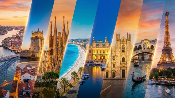 Montage de villes européennes : Porto, Barcelone, Nice, Milan et Paris