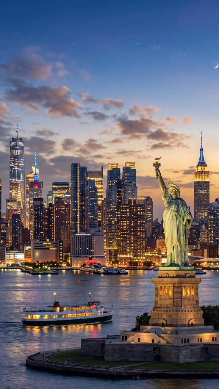 La statue de la Liberté et la skyline de Manhattan au crépuscule