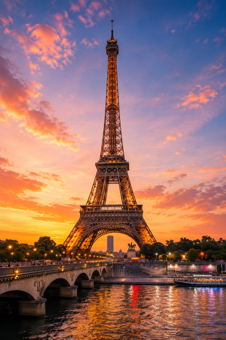 La tour Eiffel illuminée au coucher du soleil au bord de la Seine